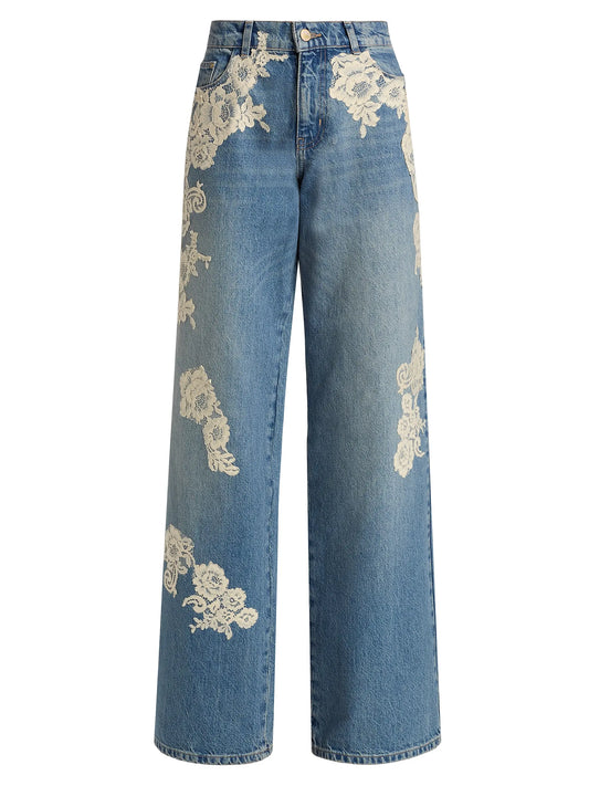 Elegant Blue Denim Floral Lace-Appliqué Wide-Leg Jeans