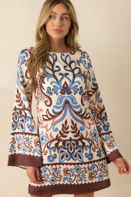 Boho Baroque Print Bell Sleeve Mini Dress ✨