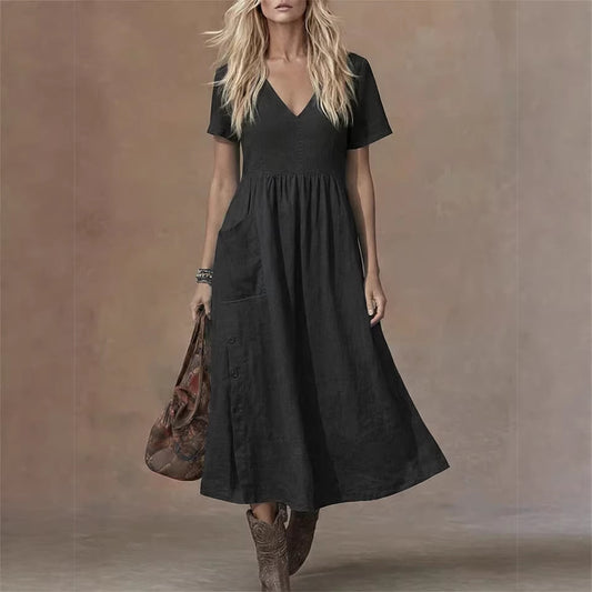 Women's V-neck Short-sleeve Pocketed Loose-fitting Fashionable Dress