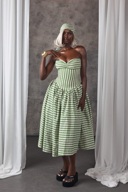 Chic Green & White Stripe Bustier Dress