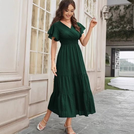 Elegant And Fashionable Dark-pattern Embossed Cross-neckline Dress