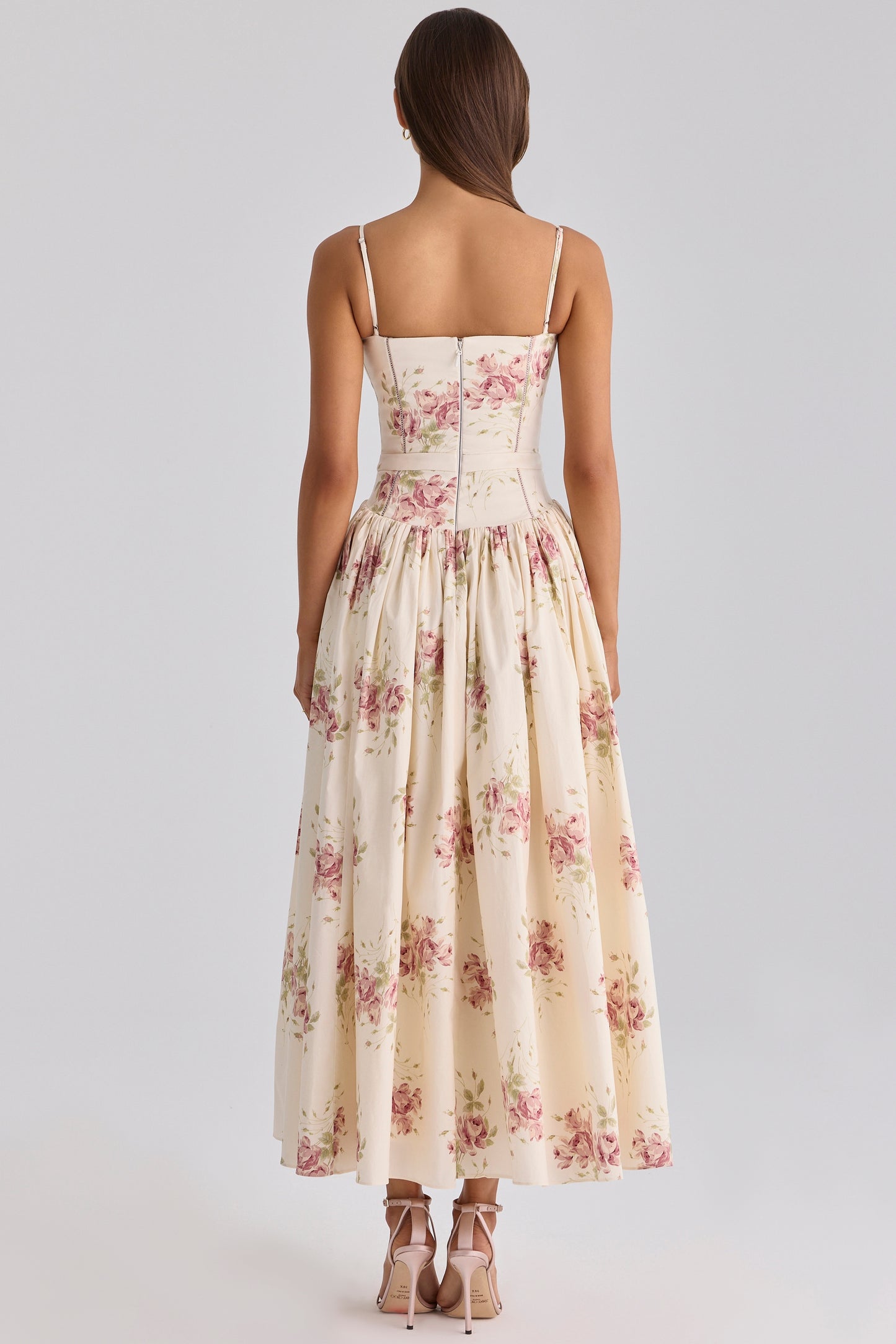 ivory vintage rose print cotton midi sundress