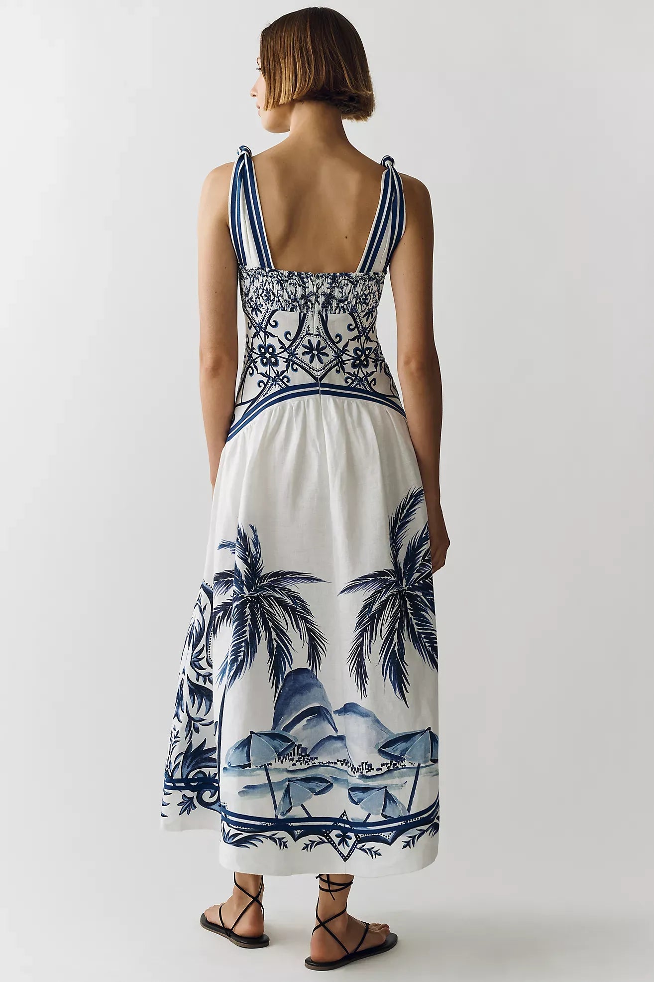 Linen Printed Cutout Midi Dress