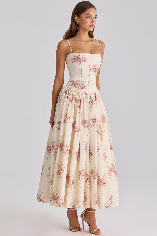 ivory vintage rose print cotton midi sundress