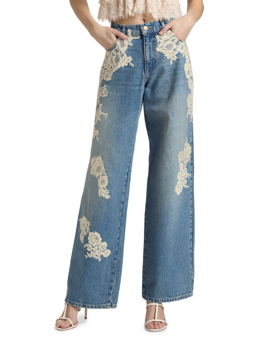 Elegant Blue Denim Floral Lace-Appliqué Wide-Leg Jeans