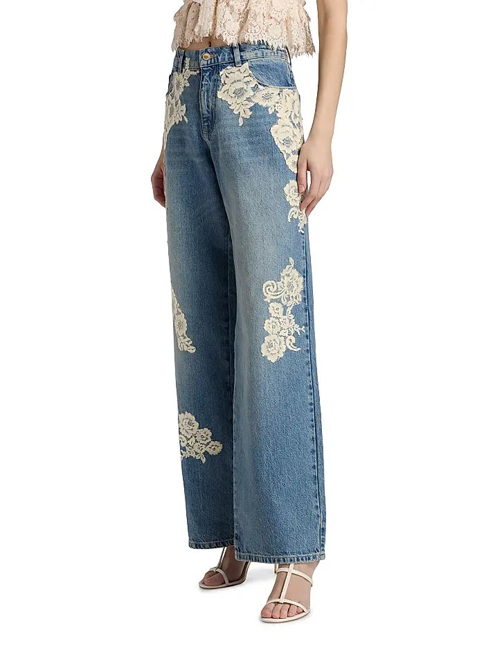 Elegant Blue Denim Floral Lace-Appliqué Wide-Leg Jeans