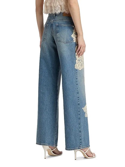 Elegant Blue Denim Floral Lace-Appliqué Wide-Leg Jeans