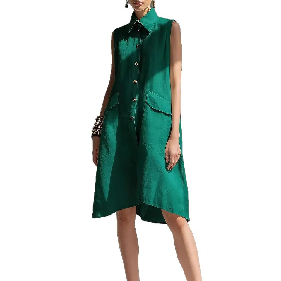 Women's Lapel-collar Sleeveless Casual Loose Cotton-linen Dress