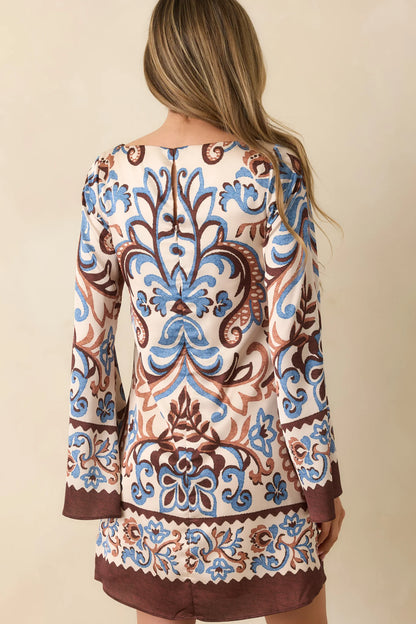 Boho Baroque Print Bell Sleeve Mini Dress ✨