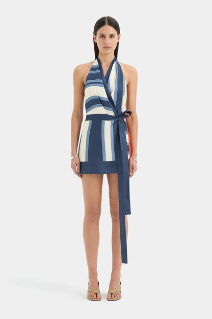 Color Block Halter Neck Wrap Mini Dress