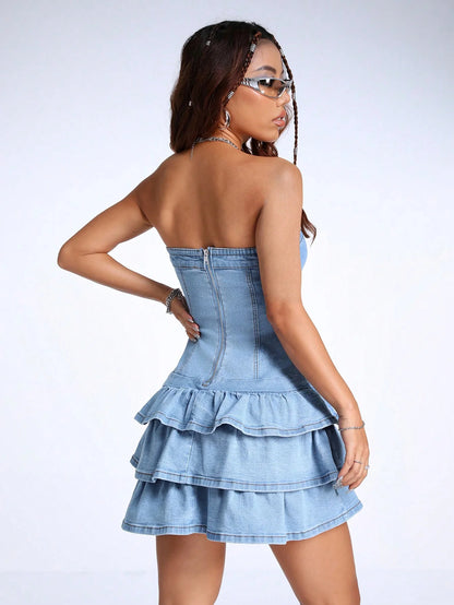 Chic Strapless Denim Ruffle Mini Dress