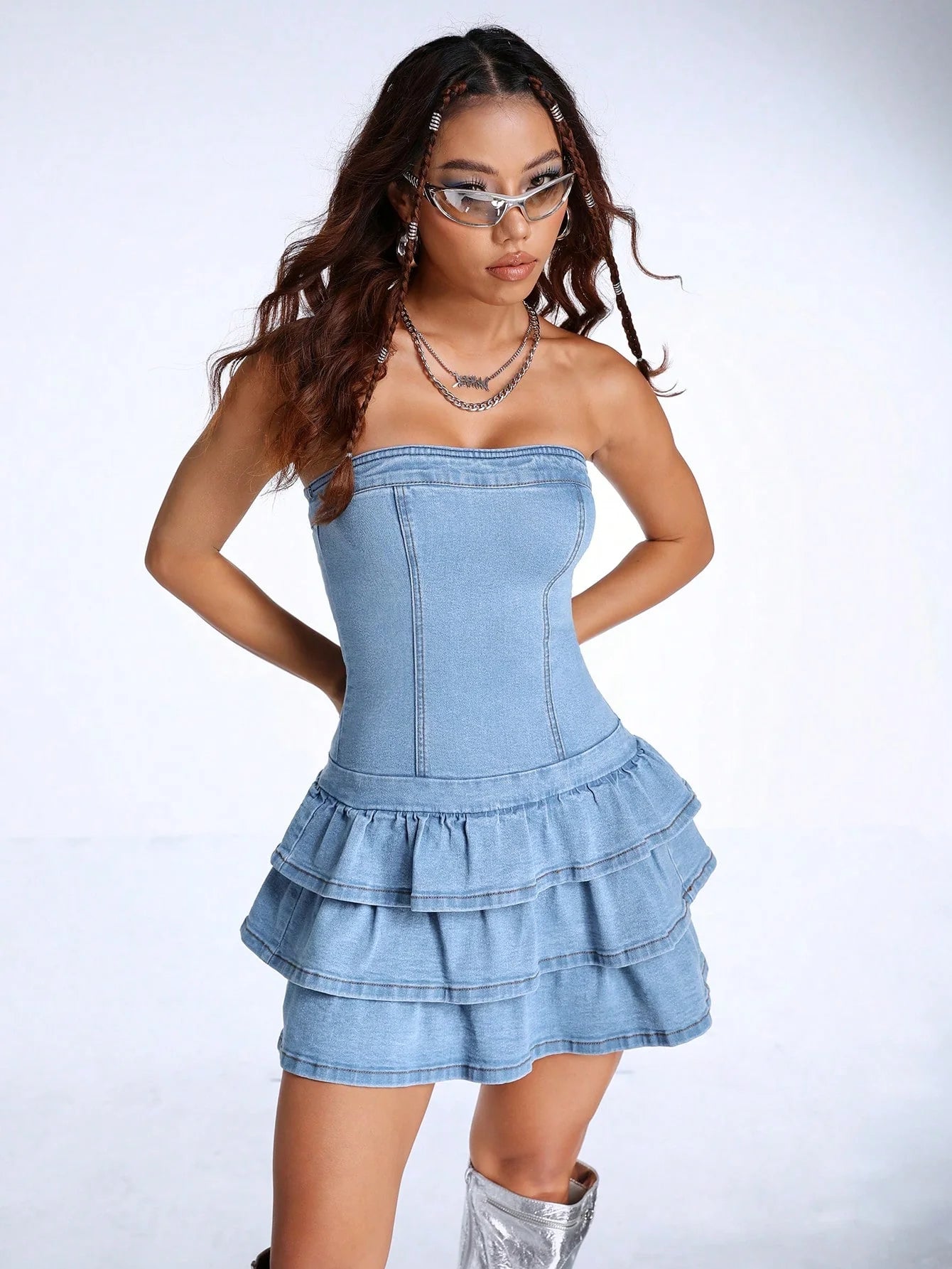 Chic Strapless Denim Ruffle Mini Dress