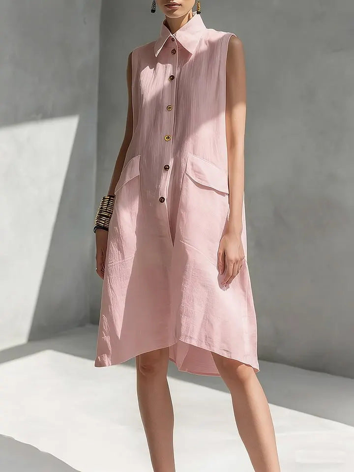 Women's Lapel-collar Sleeveless Casual Loose Cotton-linen Dress