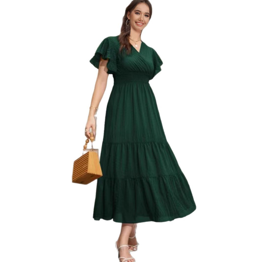 Elegant And Fashionable Dark-pattern Embossed Cross-neckline Dress