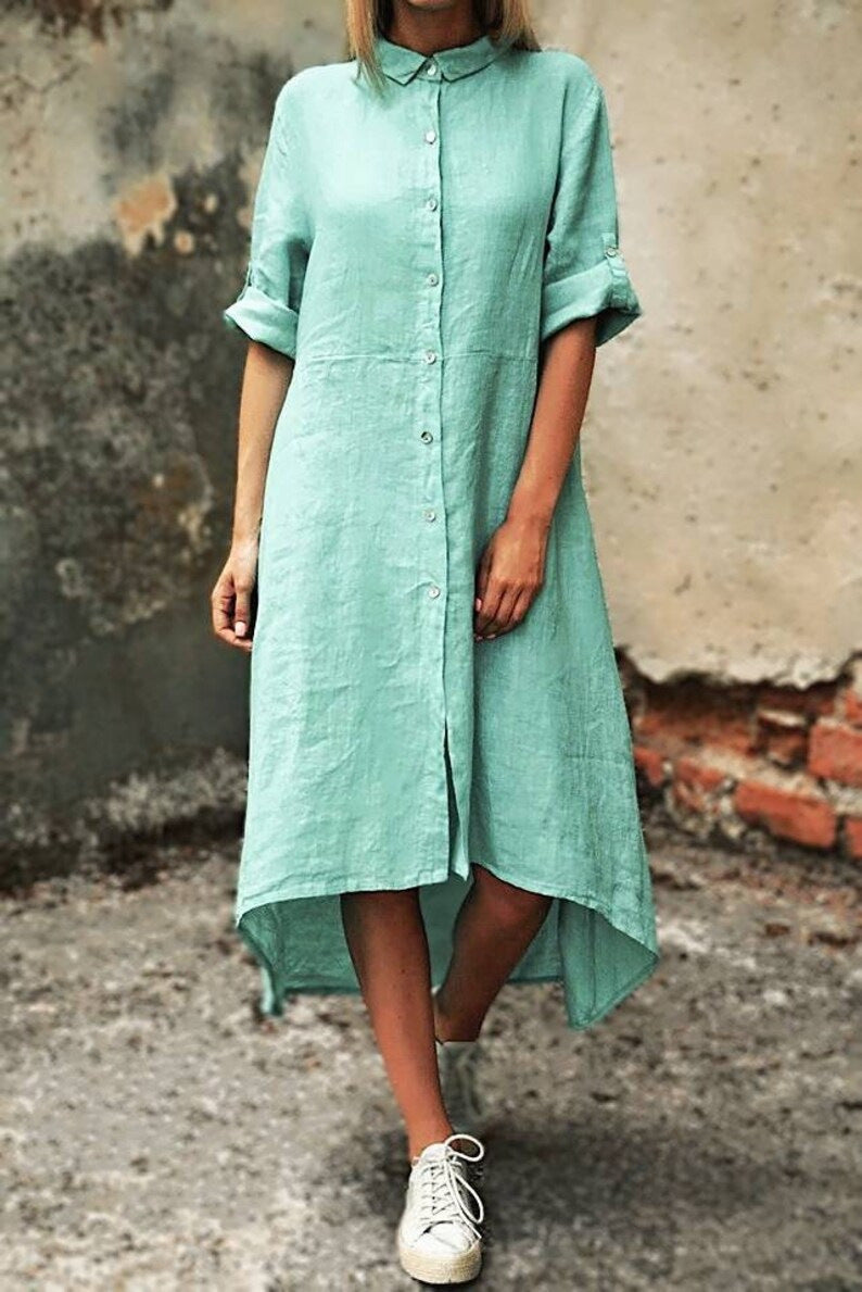 Cotton-Linen Solid Color Casual Shirt-Style Long Dress
