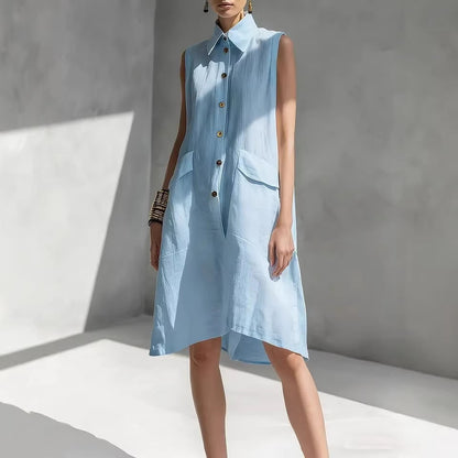 Women's Lapel-collar Sleeveless Casual Loose Cotton-linen Dress