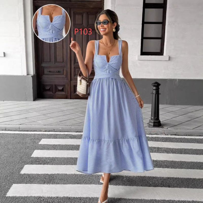 V-neck Striped Spaghetti Straps Dress