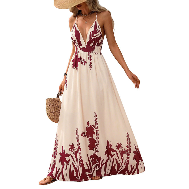 Retro Resort-Style Floral Print Strap Backless Maxi Dress