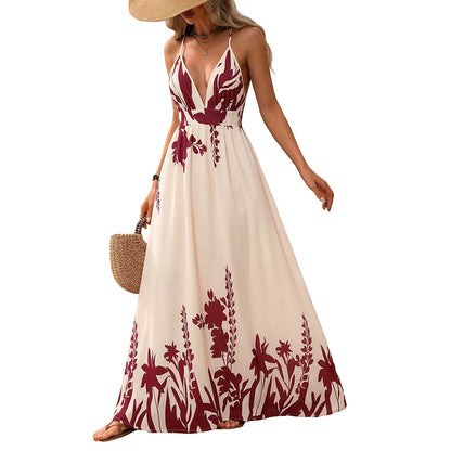 Retro Resort-Style Floral Print Strap Backless Maxi Dress