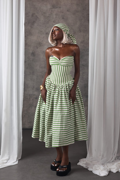 Chic Green & White Stripe Bustier Dress