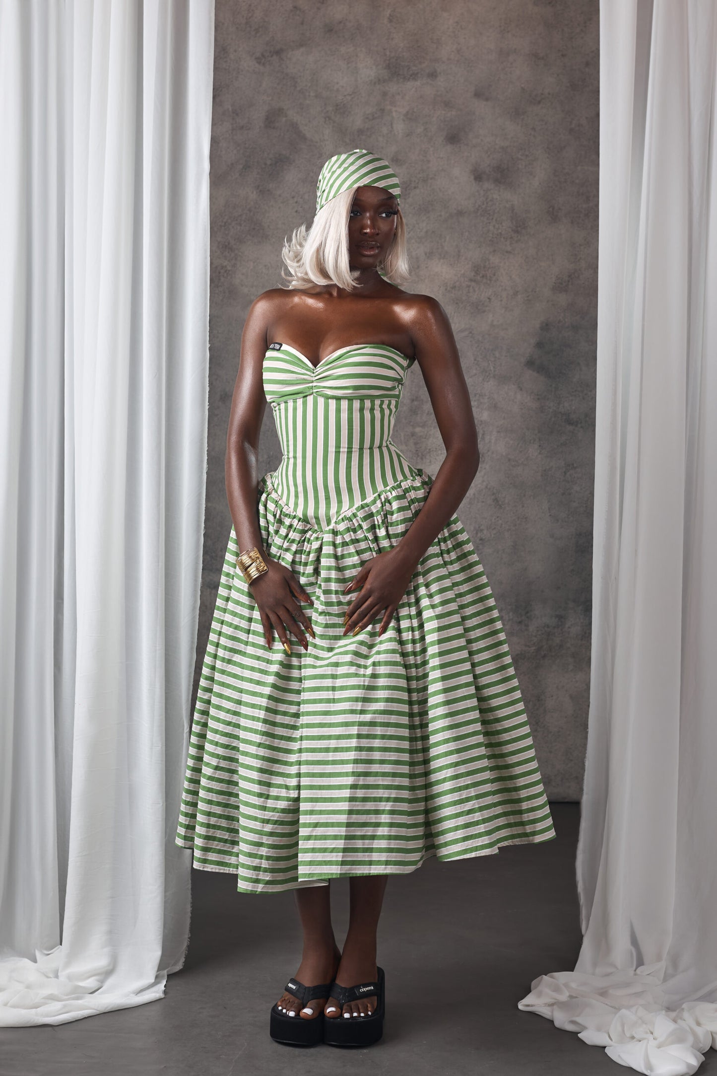 Chic Green & White Stripe Bustier Dress