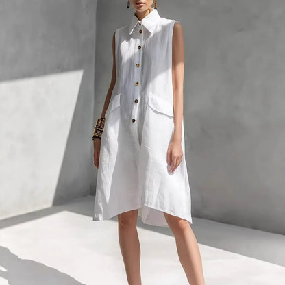 Women's Lapel-collar Sleeveless Casual Loose Cotton-linen Dress