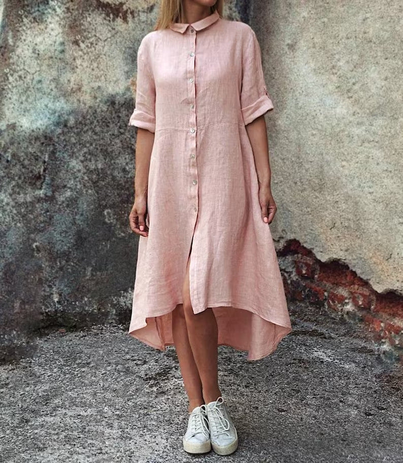 Cotton-Linen Solid Color Casual Shirt-Style Long Dress