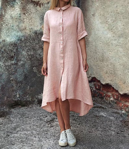 Cotton-Linen Solid Color Casual Shirt-Style Long Dress