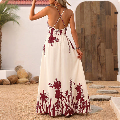 Retro Resort-Style Floral Print Strap Backless Maxi Dress