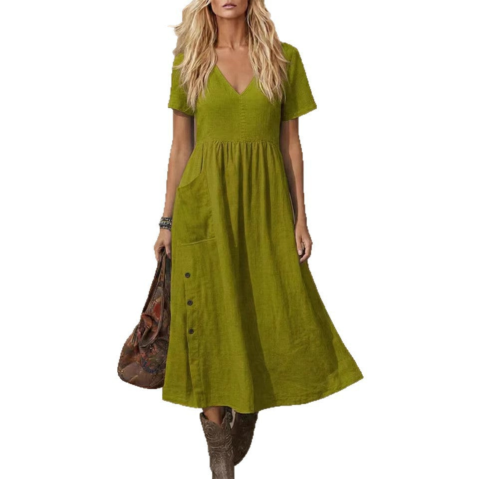 Women's V-neck Short-sleeve Pocketed Loose-fitting Fashionable Dress