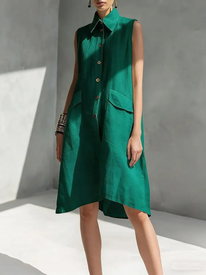 Women's Lapel-collar Sleeveless Casual Loose Cotton-linen Dress