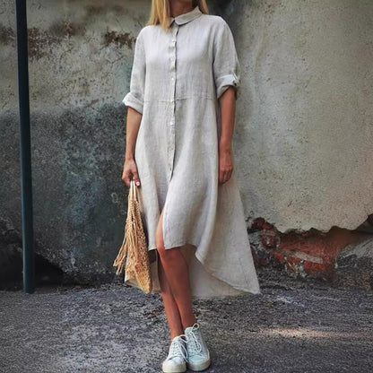 Cotton-Linen Solid Color Casual Shirt-Style Long Dress
