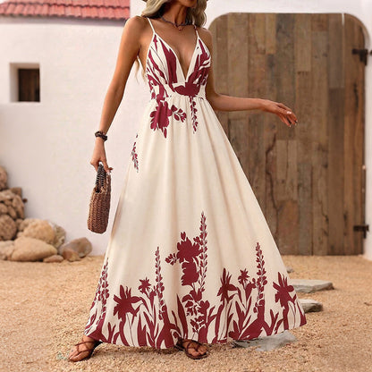 Retro Resort-Style Floral Print Strap Backless Maxi Dress