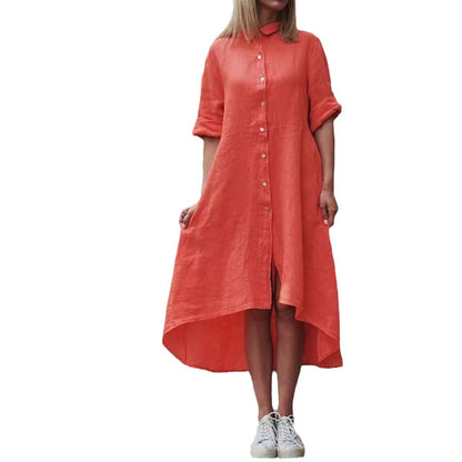 Cotton-Linen Solid Color Casual Shirt-Style Long Dress