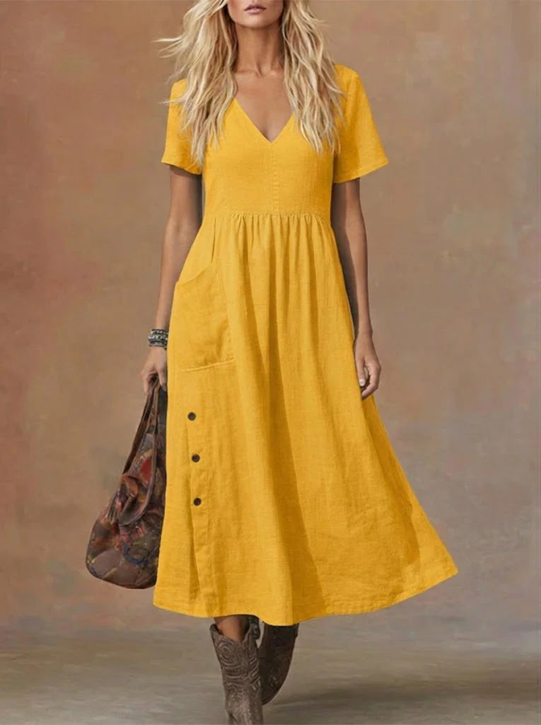 Women's V-neck Short-sleeve Pocketed Loose-fitting Fashionable Dress