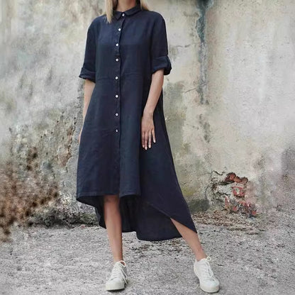 Cotton-Linen Solid Color Casual Shirt-Style Long Dress