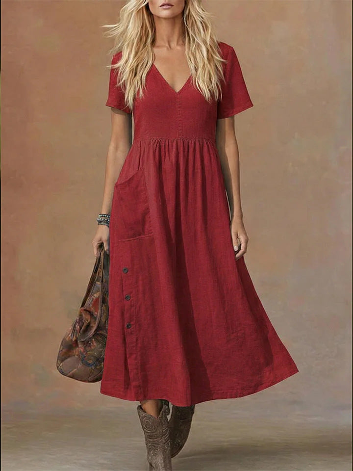 Women's V-neck Short-sleeve Pocketed Loose-fitting Fashionable Dress