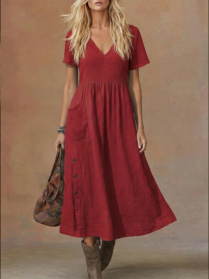 Women's V-neck Short-sleeve Pocketed Loose-fitting Fashionable Dress