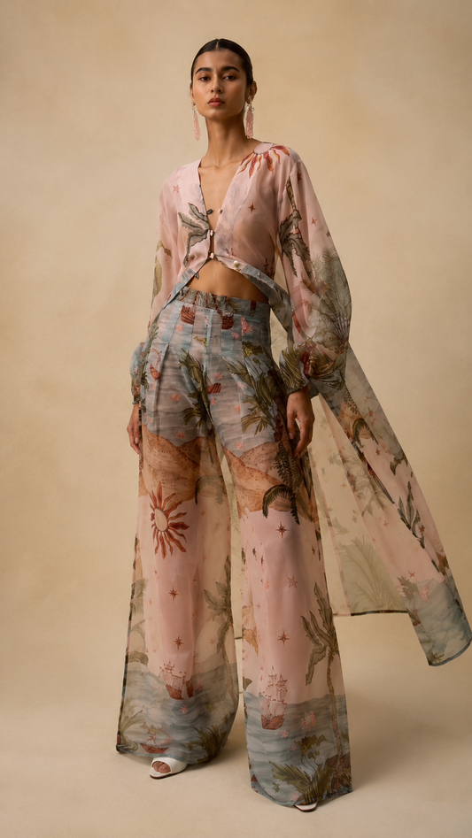 Retro Tropical Boat Print Tulle Two-Piece Set