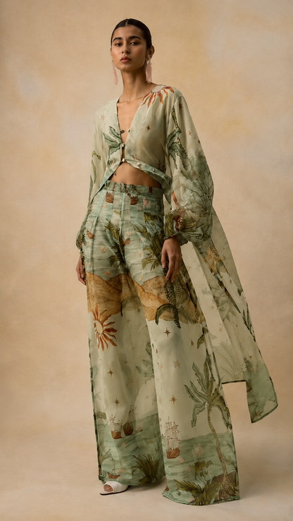 Retro Tropical Boat Print Tulle Two-Piece Set