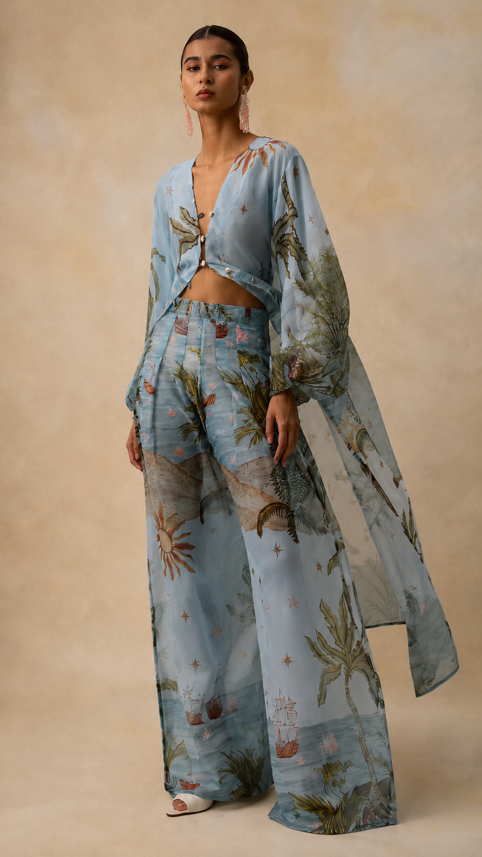 Retro Tropical Boat Print Tulle Two-Piece Set