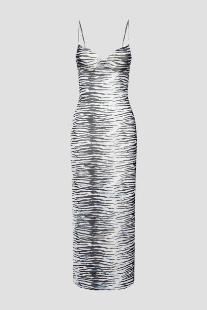 Glam Monochrome Zebra Print Backless Midi Dress