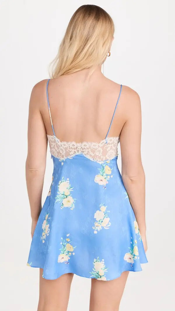 Sexy Backless Blue Floral Satin Slip Dress
