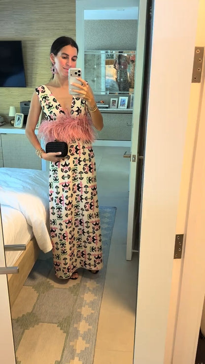 Pink Feather Trim Printed Maxi Dress