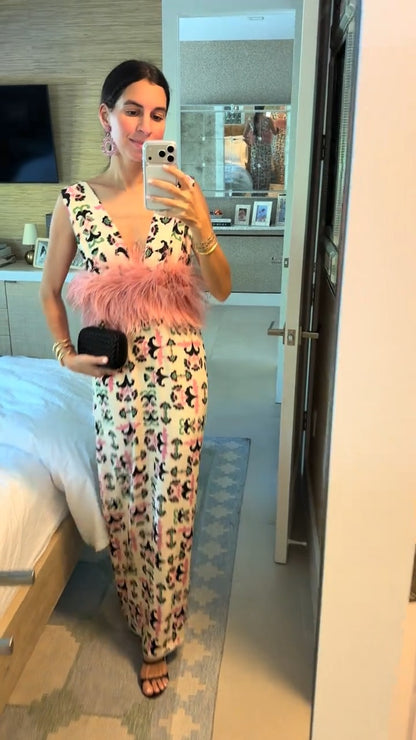 Pink Feather Trim Printed Maxi Dress