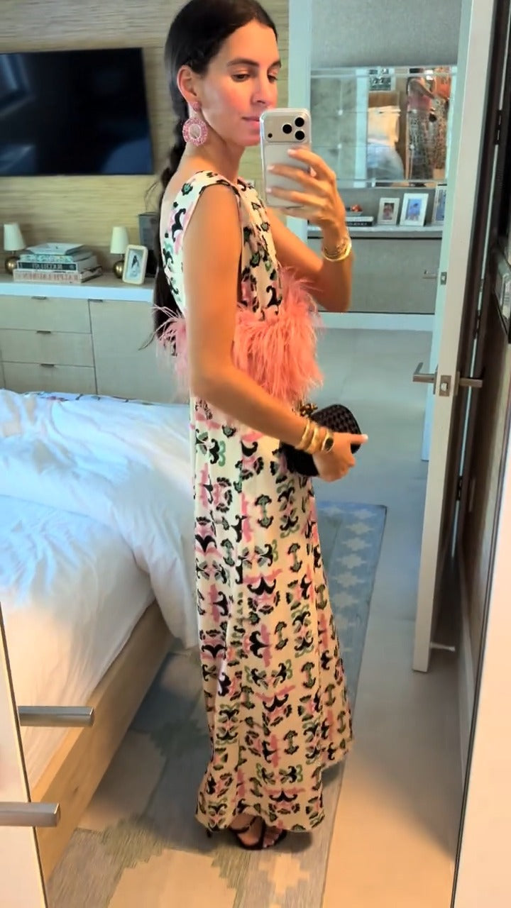 Pink Feather Trim Printed Maxi Dress