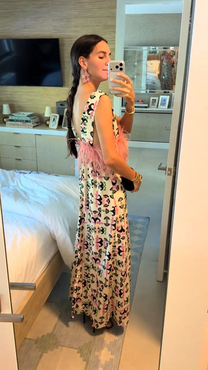 Pink Feather Trim Printed Maxi Dress