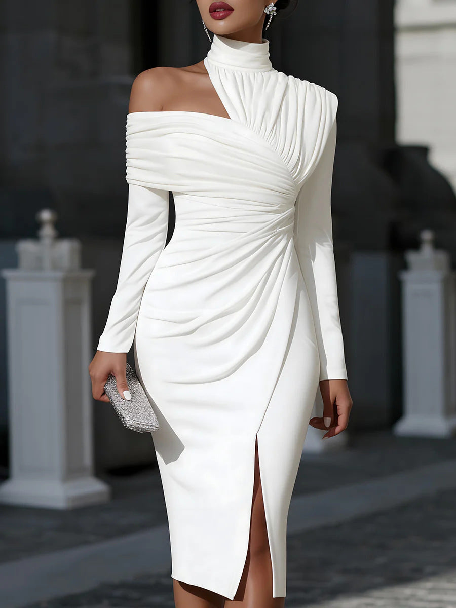 Elegant Asymmetric Ruched Midi Dress | Cold Shoulder Bodycon