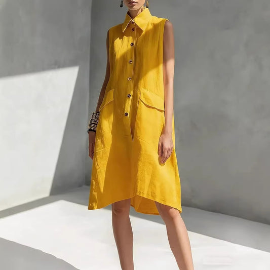 Women's Lapel-collar Sleeveless Casual Loose Cotton-linen Dress