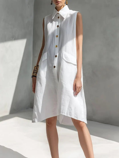 Women's Lapel-collar Sleeveless Casual Loose Cotton-linen Dress